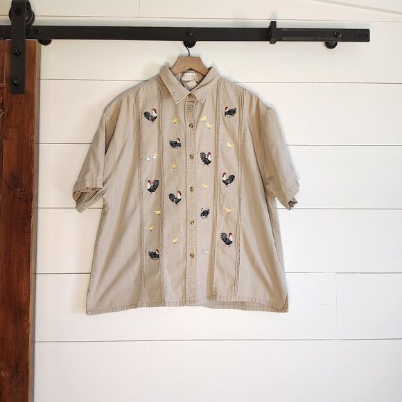 Vtg Mandal Bay Chicken Rooster Chicks  Embroidered Shirt Country Cottage XL 1X - Picture 1 of 8